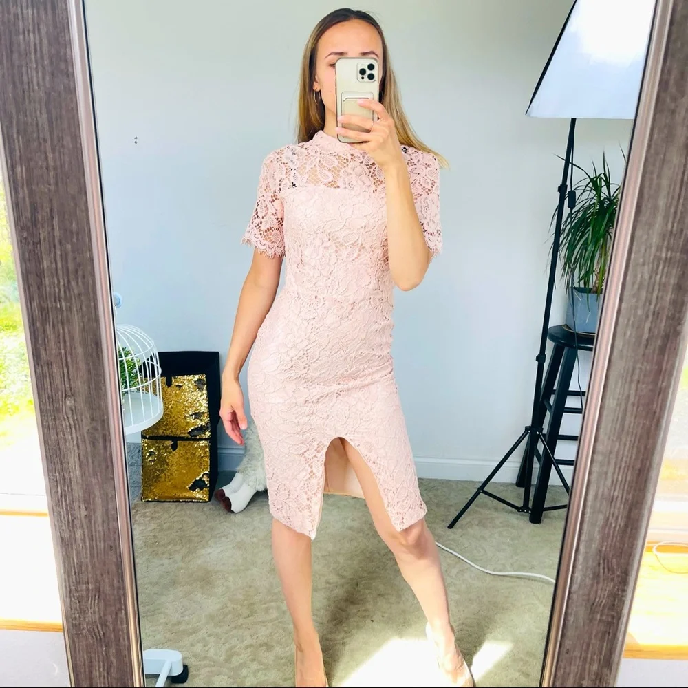 ALEXIS midi dress laced floral pink sheath bodycon nude formal wedding prom boho - Picture 4 of 14